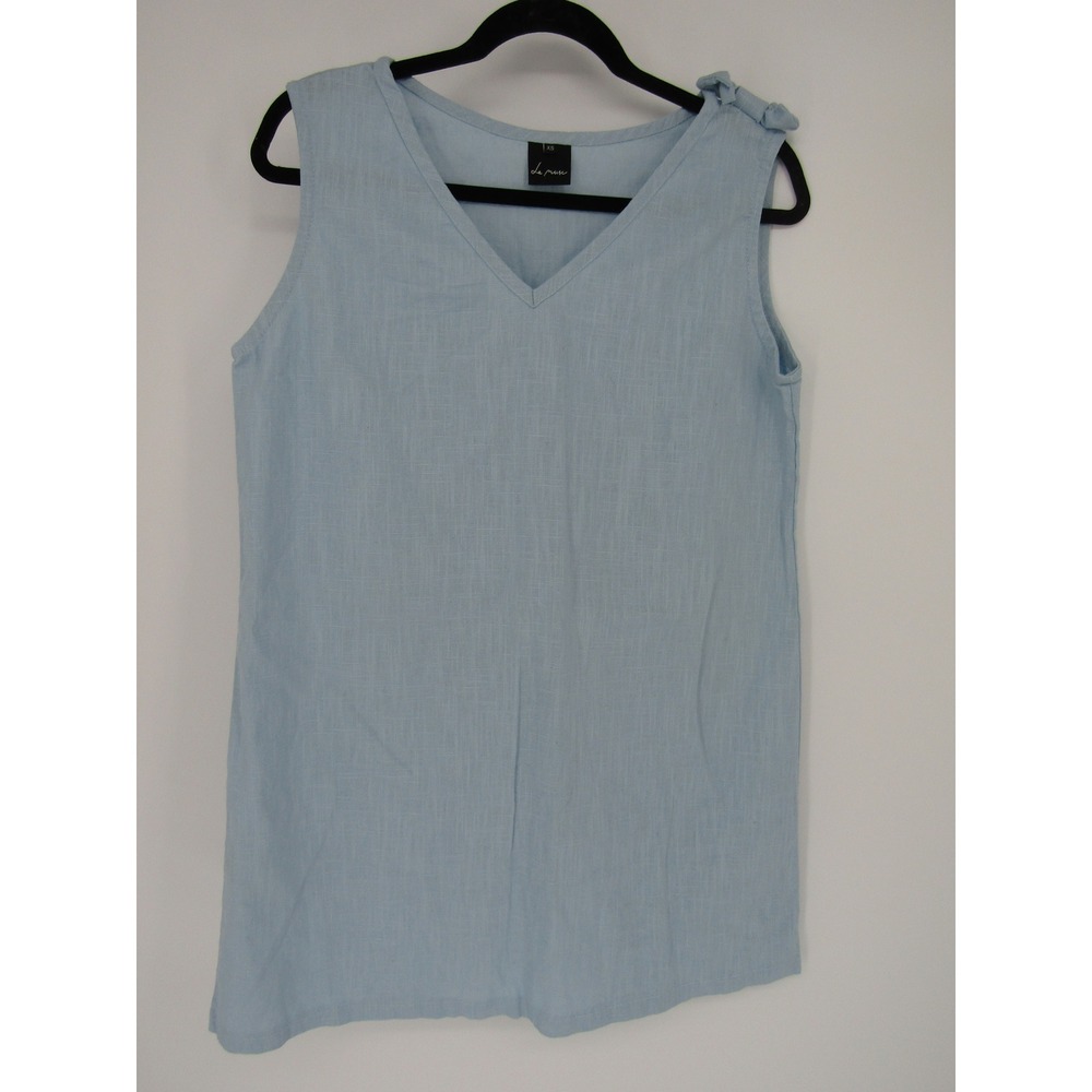 LeMuse Linen‎ V-Neck Tunic Top Womens XS Light Blue Bow Shoulder Sleeveless